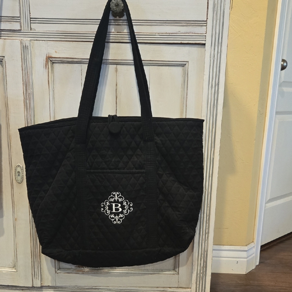 Elegant Black Quilted "B" Monogramed Tote Bag